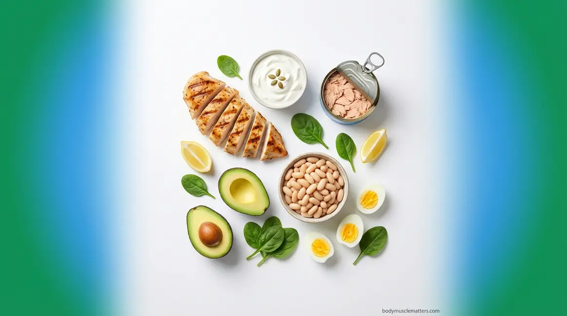 Healthy high protein lunch ideas spread featuring chicken tuna eggs Greek yogurt and white beans