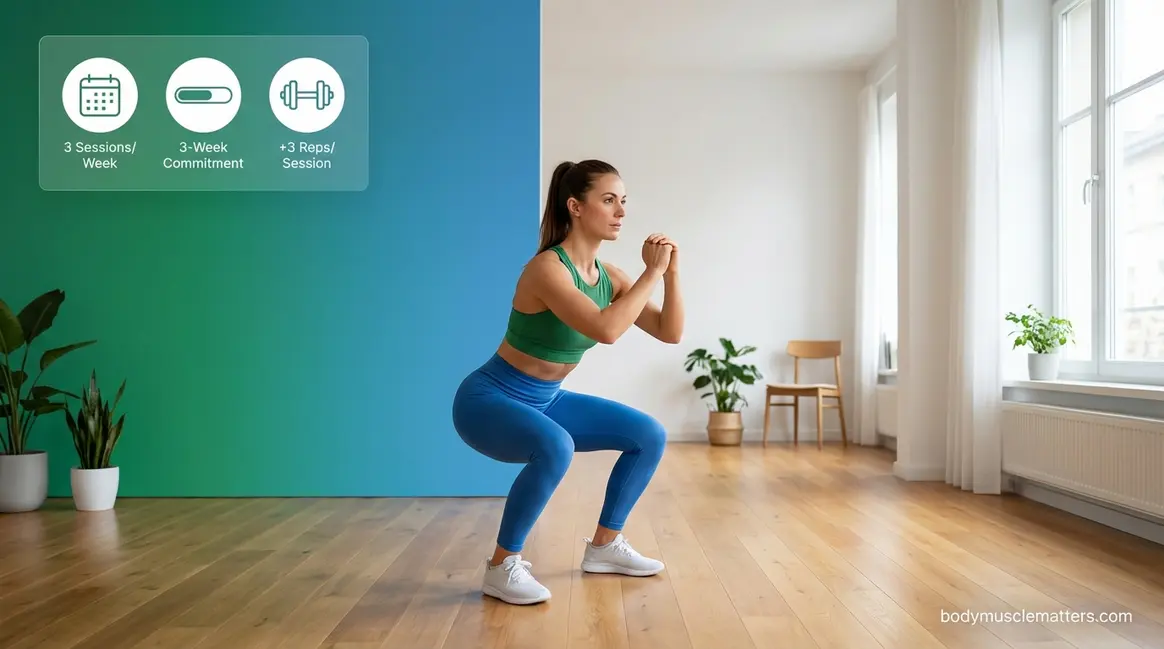 Home workout routine for beginners performing a bodyweight squat in a bright living room