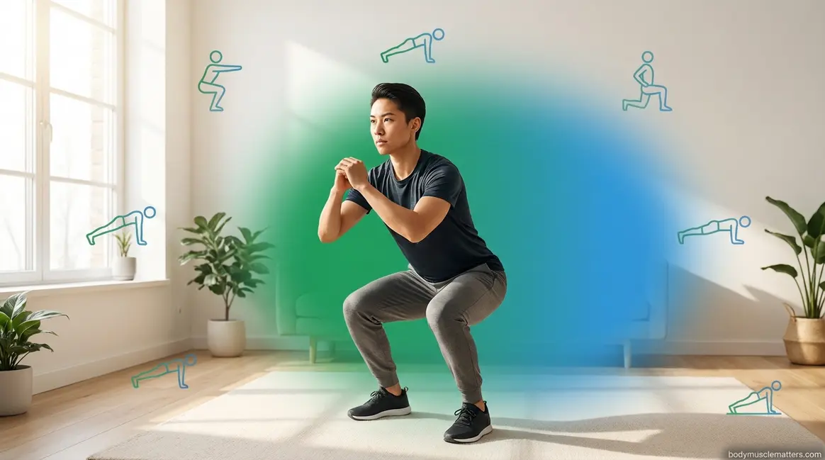 Beginner performing home workouts without equipment in a clean living room space