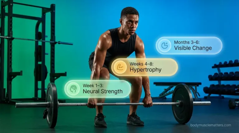 How long does it take to gain muscle — fit person lifting barbell in professional gym studio