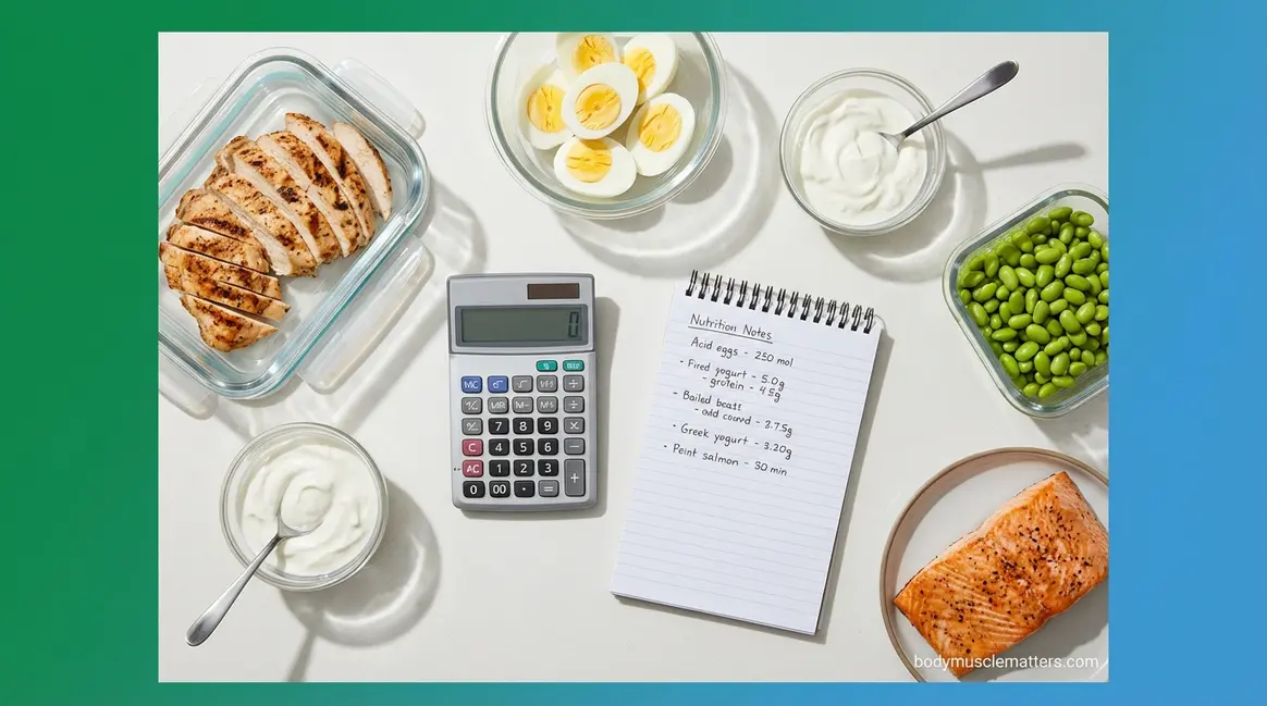 How much protein per day guide showing high-protein foods including chicken, eggs, and Greek yogurt