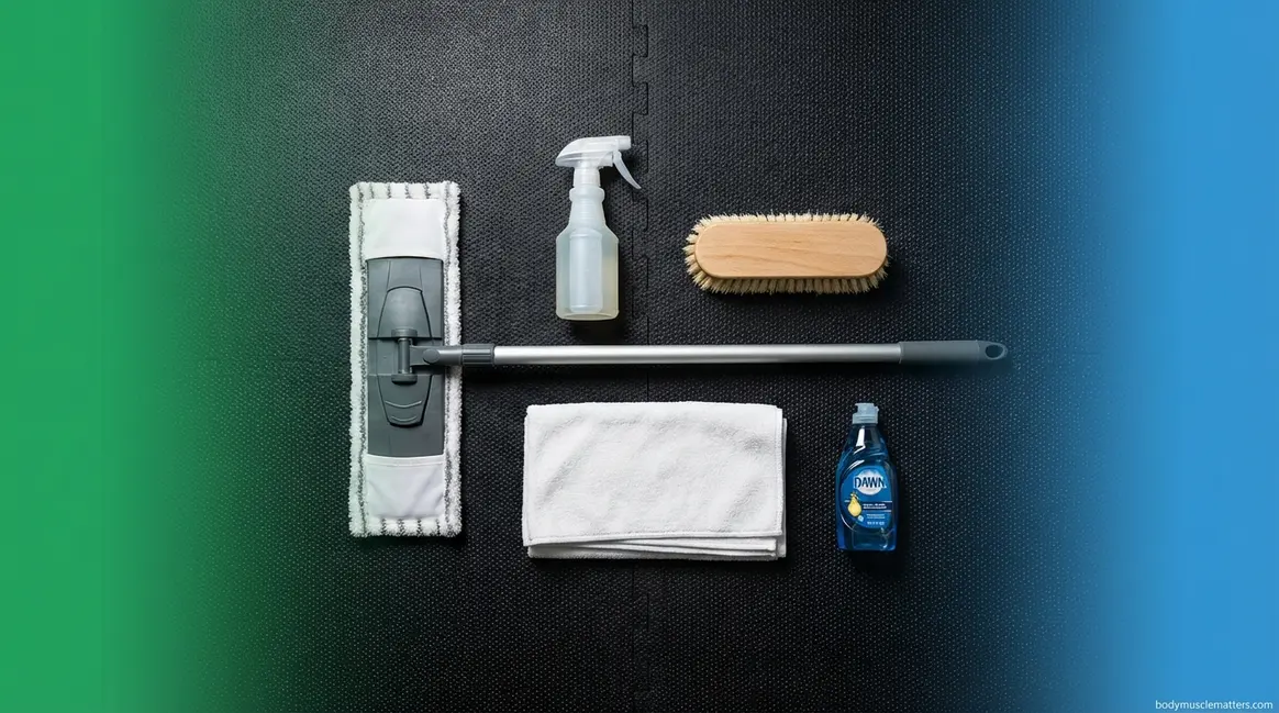 How to clean gym mats — flat microfiber mop spray bottle dish soap and microfiber towels on rubber gym mat