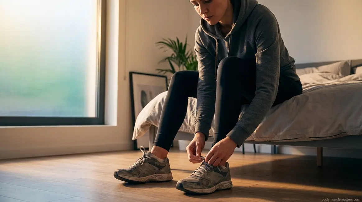 Person lacing up running shoes showing how to find motivation to exercise each morning