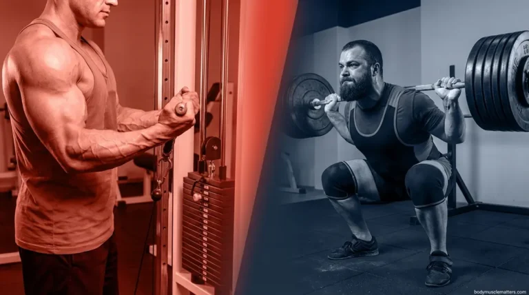 Hypertrophy vs strength training comparison showing bodybuilder and powerlifter side by side in gym
