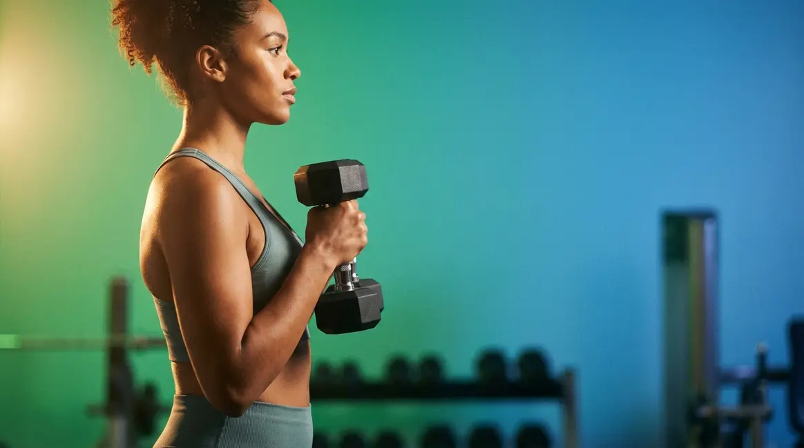 Beginner learning how to lift weights properly with correct dumbbell form in a gym