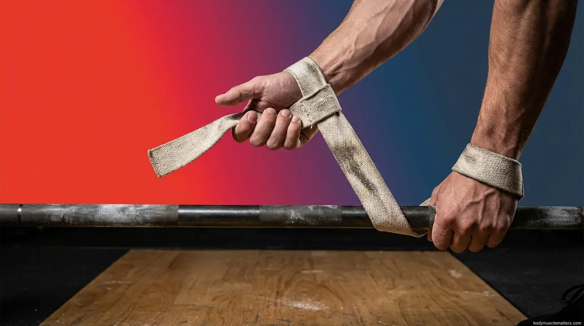 How to use lifting straps correctly shown with claw wrap technique on a barbell