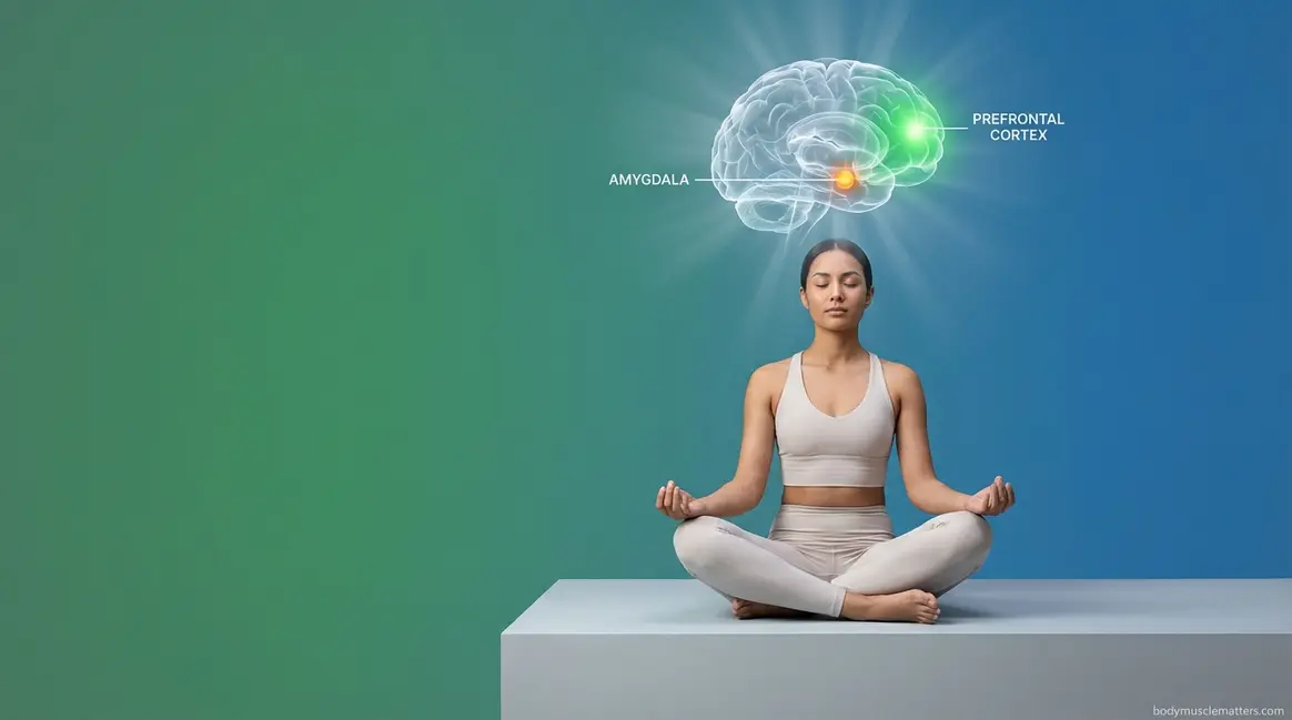 Benefits of meditation visualized as glowing brain with calm amygdala and active prefrontal cortex