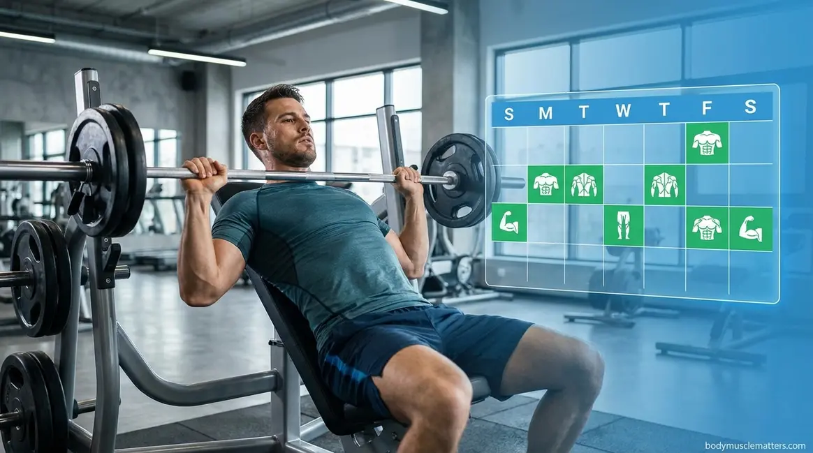 How often to train a muscle group for growth shown through gym training and weekly schedule