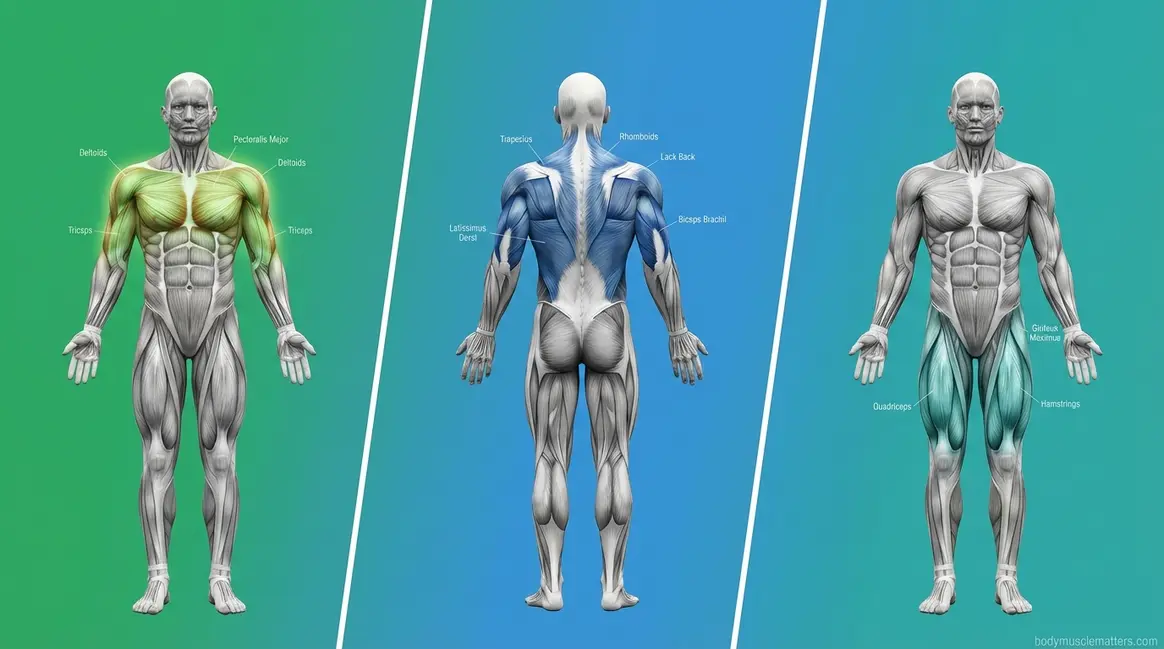 Anatomy diagram showing which muscle groups to train together across push pull and legs categories