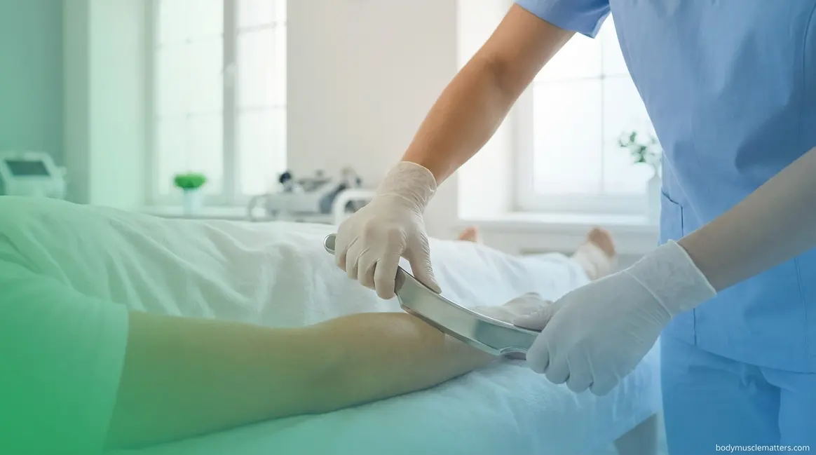 Physical therapist performing muscle scraping IASTM therapy on patient forearm with beveled steel tool