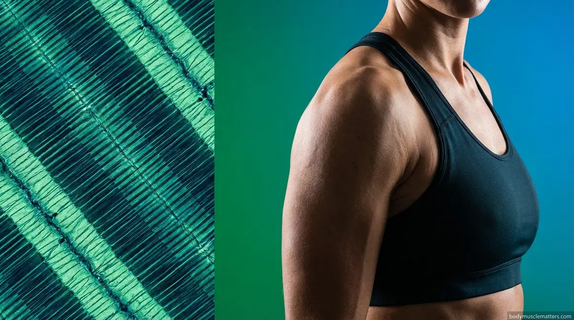 Muscle striation guide showing skeletal muscle fiber bands and visible striations on athletic body