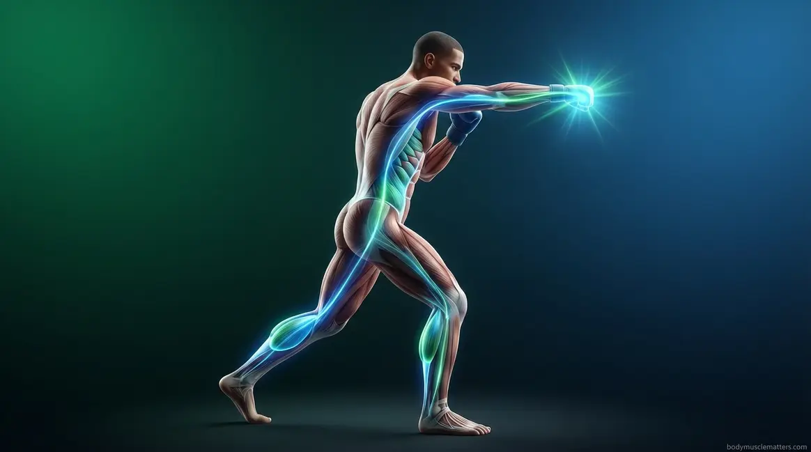 Anatomical visualization showing exactly what muscles are used in punching a heavy bag