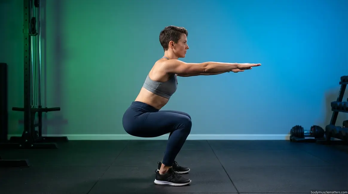 Adult demonstrating how to do a perfect squat with correct form at parallel depth