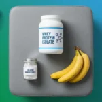Best post-workout supplements for muscle gain — whey protein, creatine, and carbohydrates arranged on gym bench