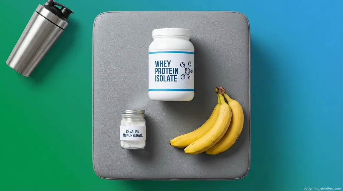 Best post-workout supplements for muscle gain — whey protein, creatine, and carbohydrates arranged on gym bench