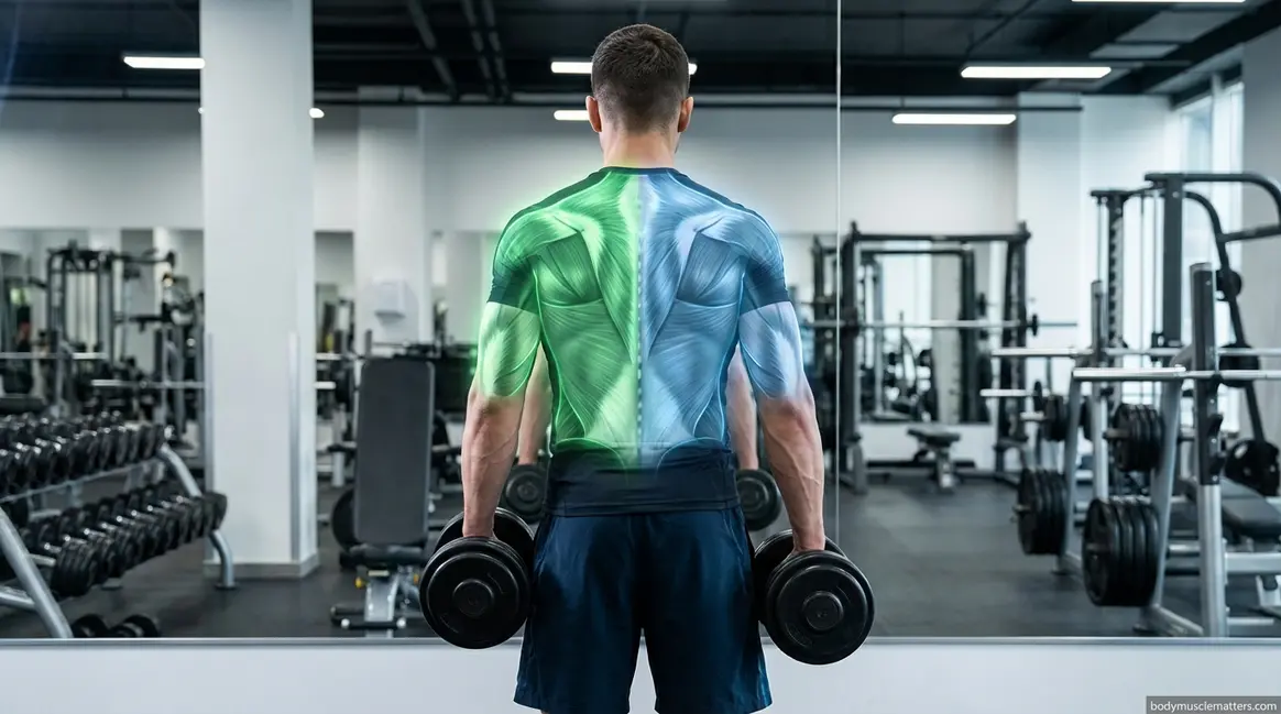 Person performing unilateral dumbbell row to prevent muscle imbalances in a gym mirror