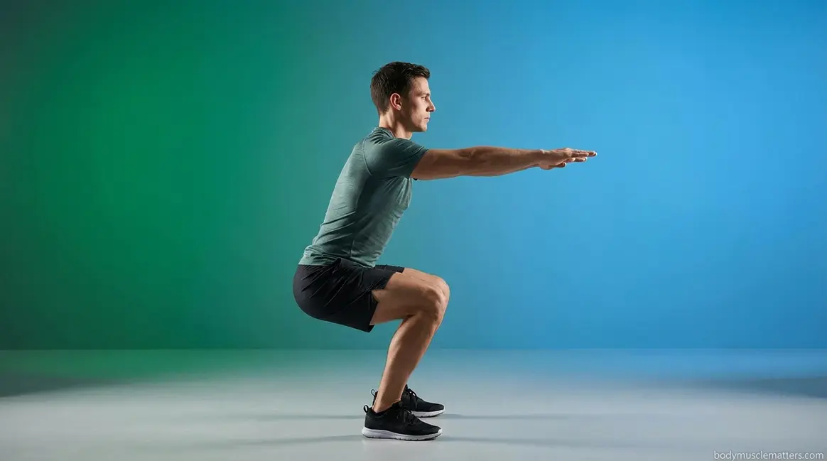 Person demonstrating proper squat form with neutral spine and parallel depth in side profile