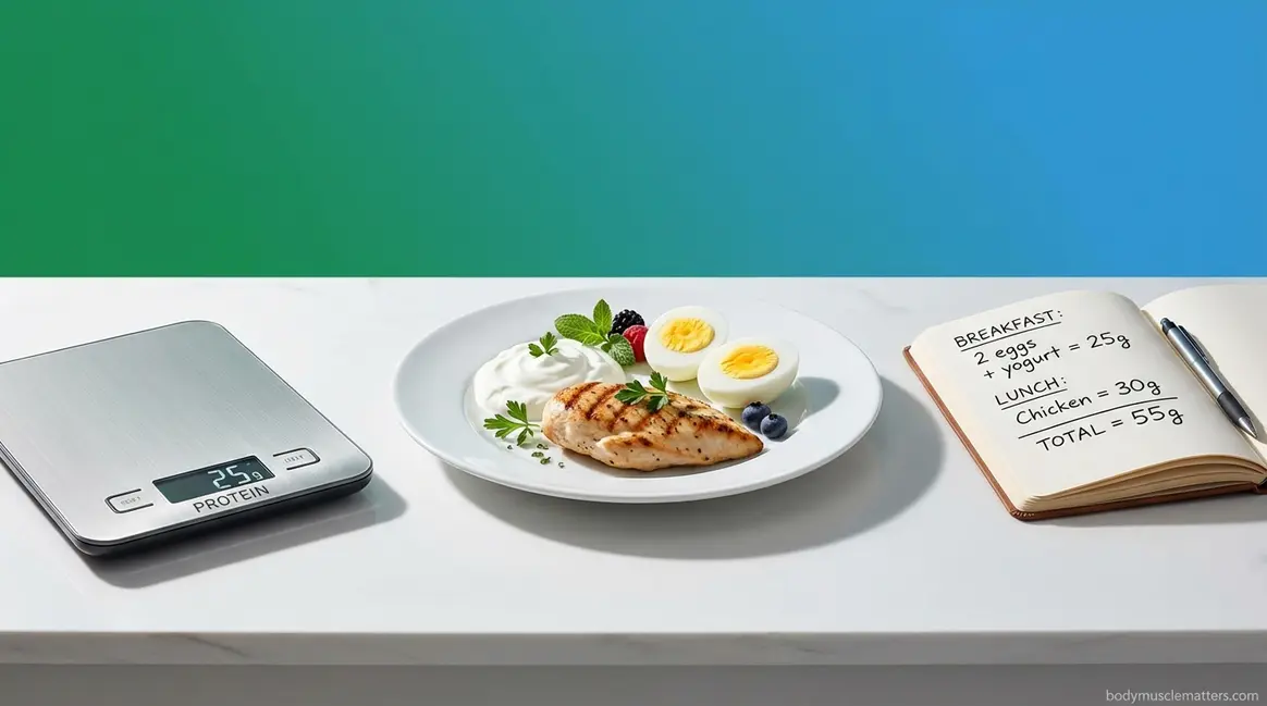 How much protein to lose weight shown through balanced high-protein meal with chicken, eggs, and Greek yogurt