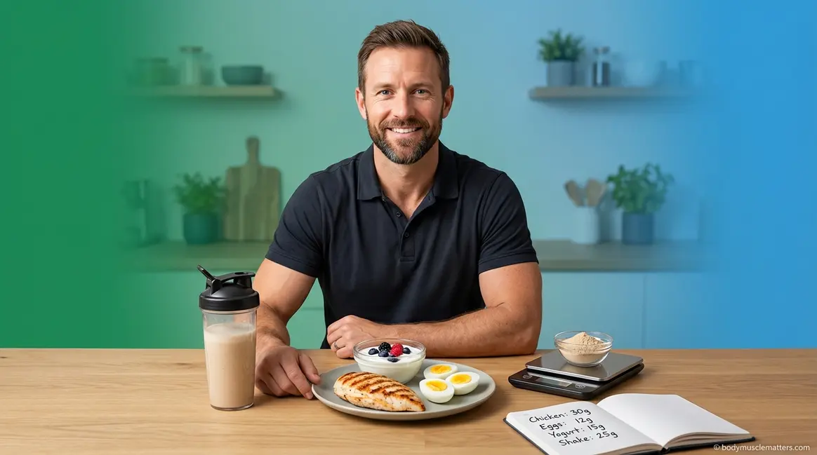 Man calculating how much protein per day he needs with meal and reference chart