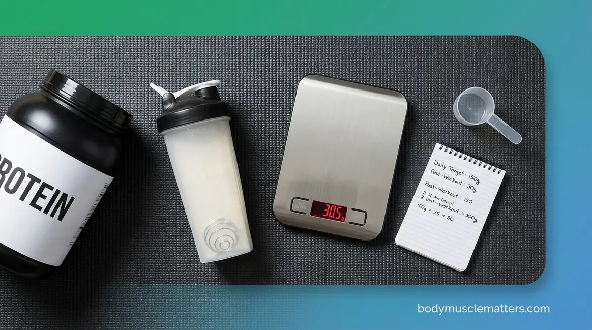 How to use protein powder for muscle building — gym nutrition setup with shaker, tub, and scale