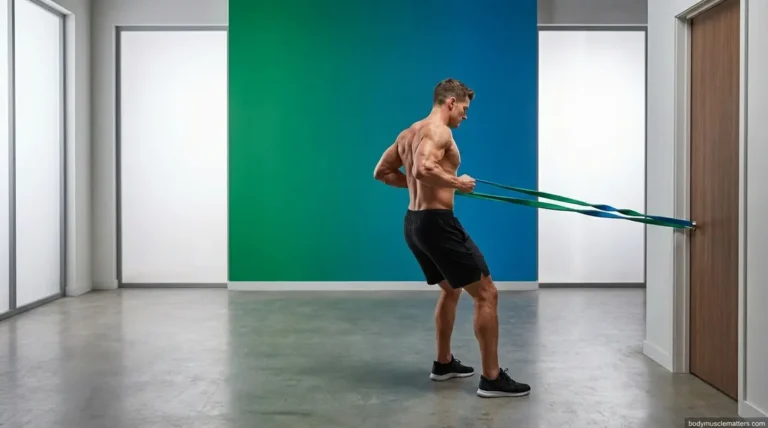 Athlete using resistance bands for muscle growth performing a banded row exercise at home