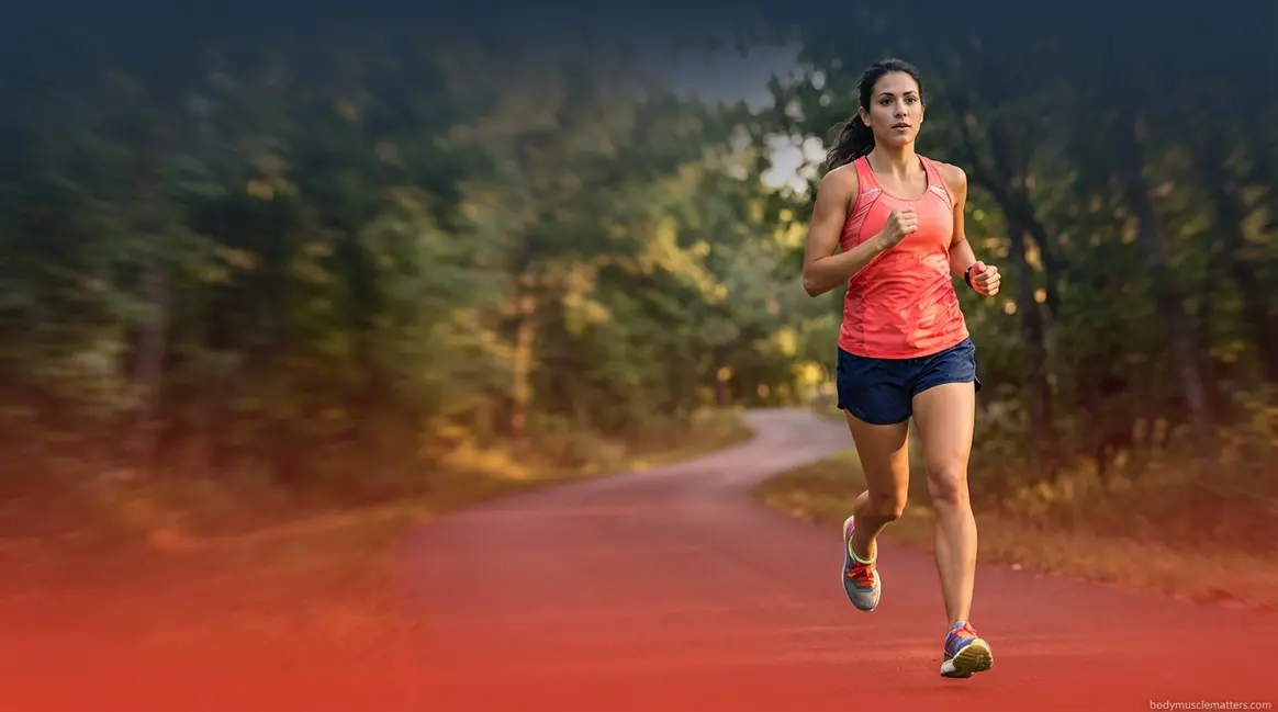 Beginner runner in proper form on outdoor path demonstrating running for fitness technique