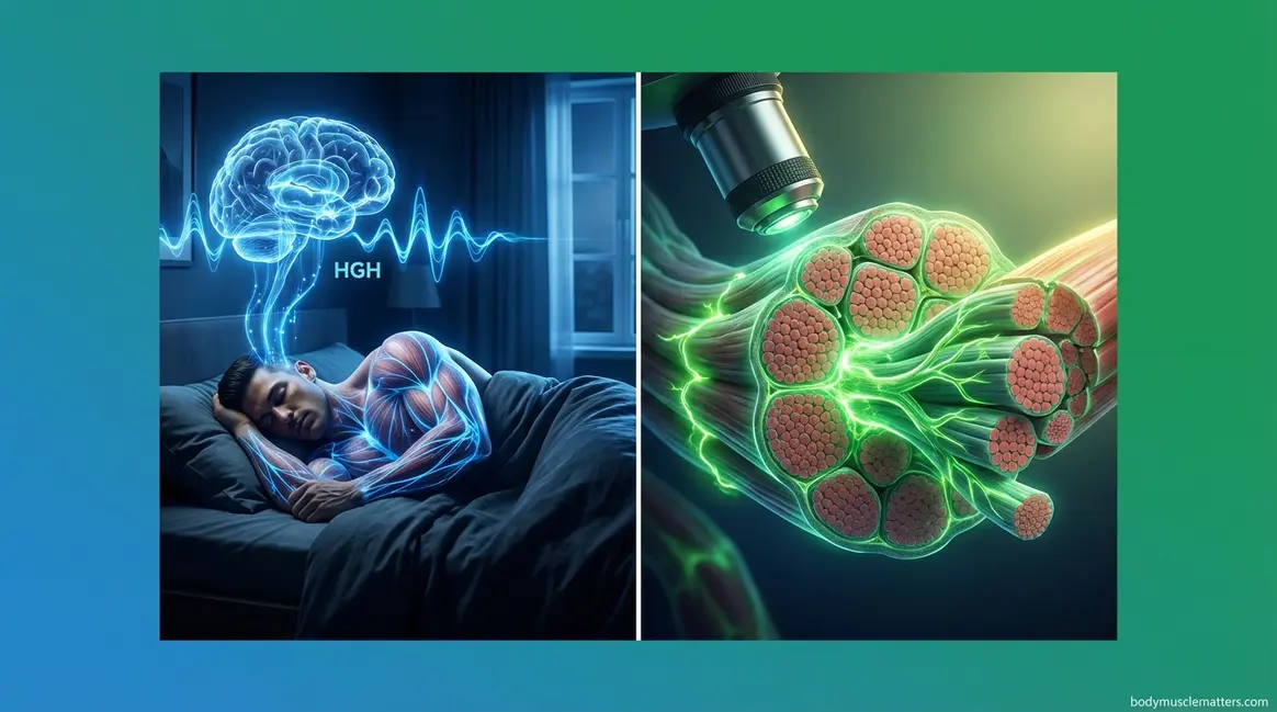 Importance of sleep for muscle growth showing HGH hormone release during deep NREM sleep and muscle fiber repair