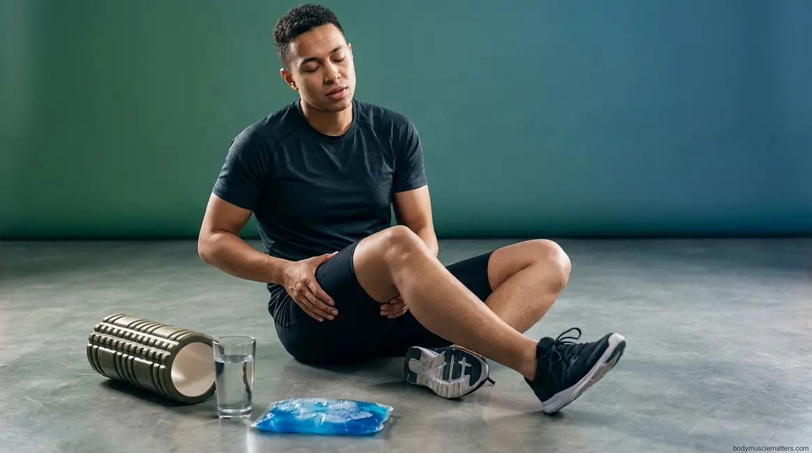 Person learning how to recover from sore muscles using foam roller and ice pack after workout