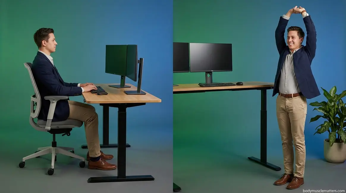 Person staying fit with a desk job using correct ergonomic posture and desk stretches