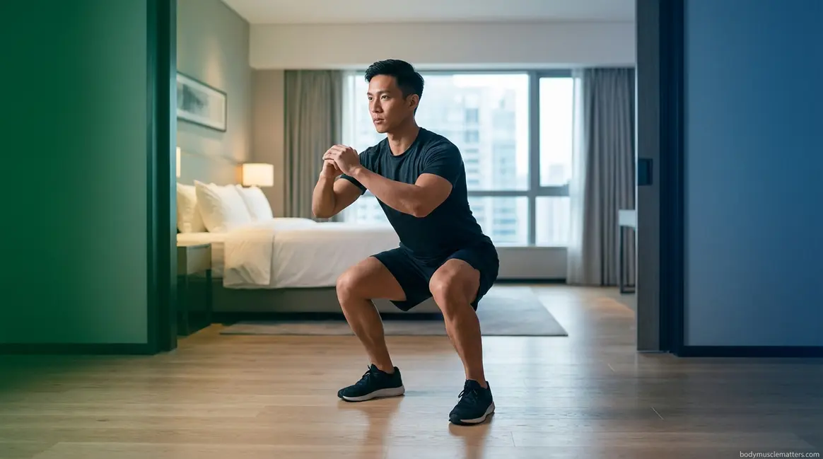 Person doing bodyweight squat in hotel room to stay fit while travelling