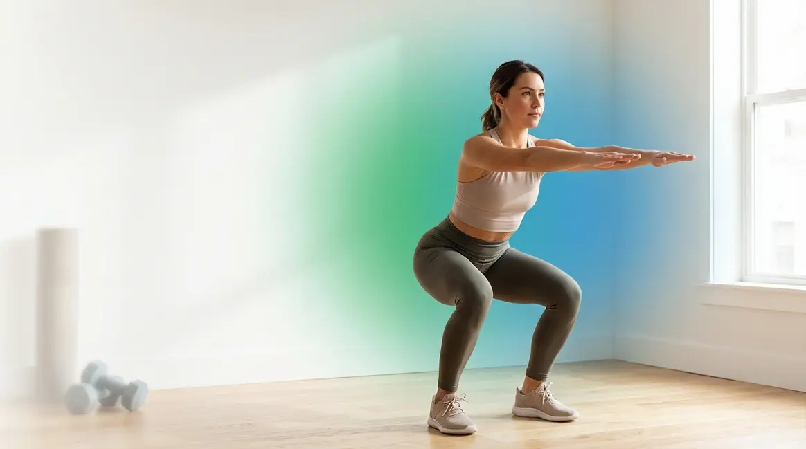 Beginner performing a bodyweight squat as a foundational strength training exercise for beginners