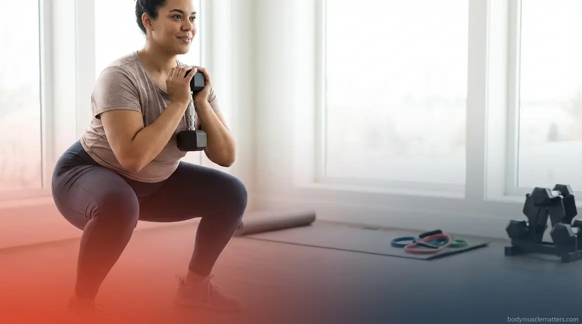 Beginner performing a strength training workout with dumbbells using proper squat form