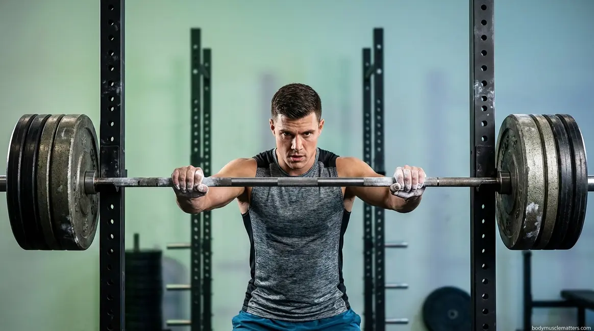 Lifter gripping barbell on squat rack ready to start StrongLifts 5x5 programme