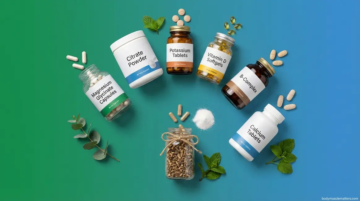 Seven top supplements for muscle spasms including magnesium glycinate, potassium, and vitamin B-complex arranged professionally