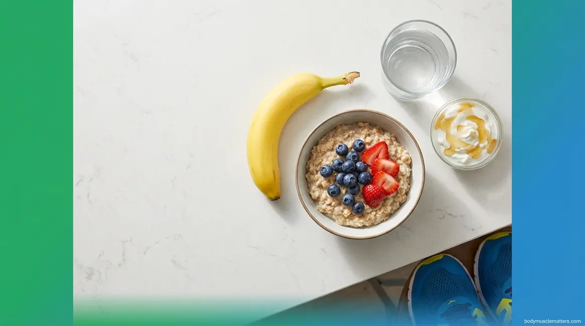 What to eat before a workout: pre-workout nutrition spread with banana, oats, yogurt, and water