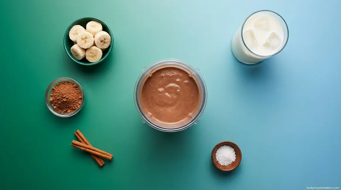 Whey protein shake ingredients including cacao, cinnamon, banana, and cold milk arranged on gradient background