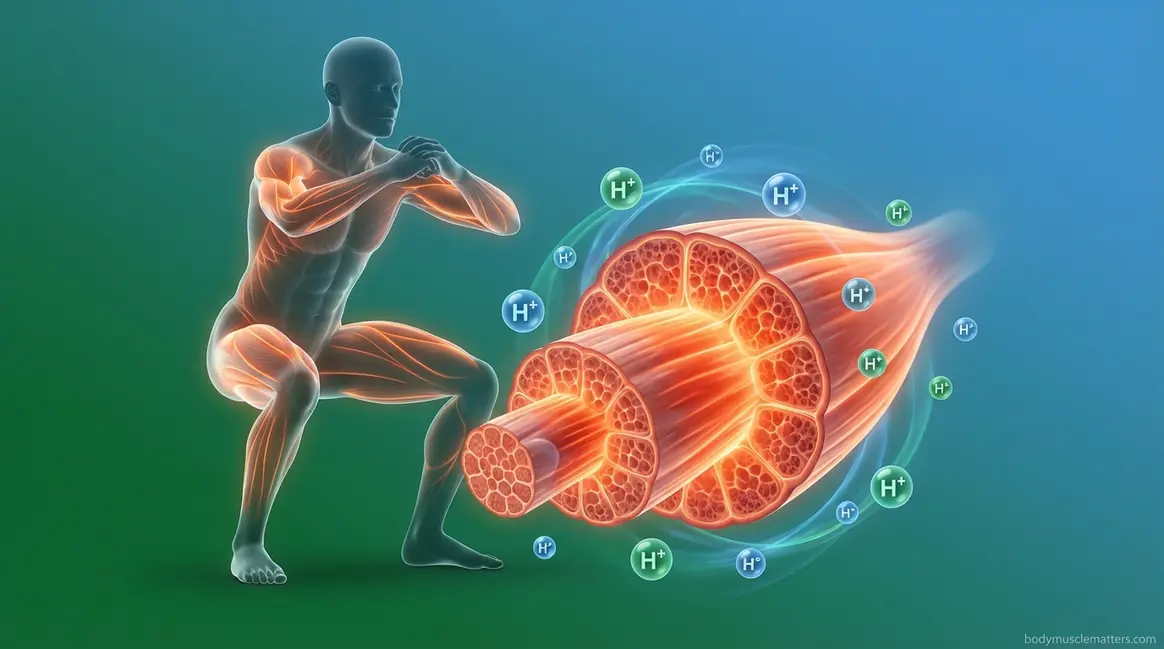 Why muscles burn during exercise — hydrogen ion buildup in muscle fiber diagram