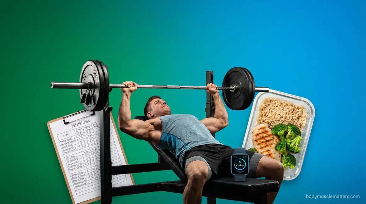 Workout schedule and nutrition for muscle building showing athlete training with meal prep and recovery tools