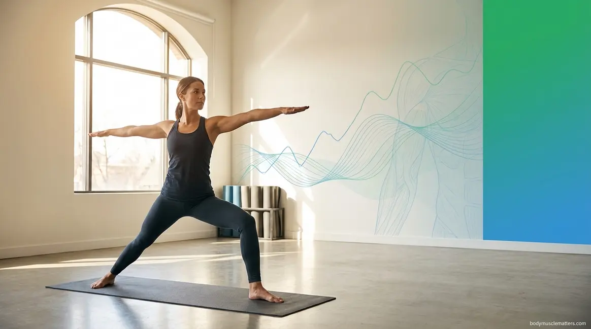 Person demonstrating Warrior II yoga pose showing key benefits of yoga for fitness