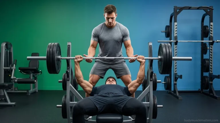 Athlete performing a heavy bench press while receiving assistance to show benefits of a spotter in the gym