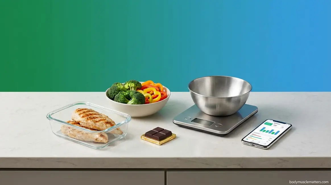 What is flexible dieting guide showing healthy foods, food scale, and macro tracking app