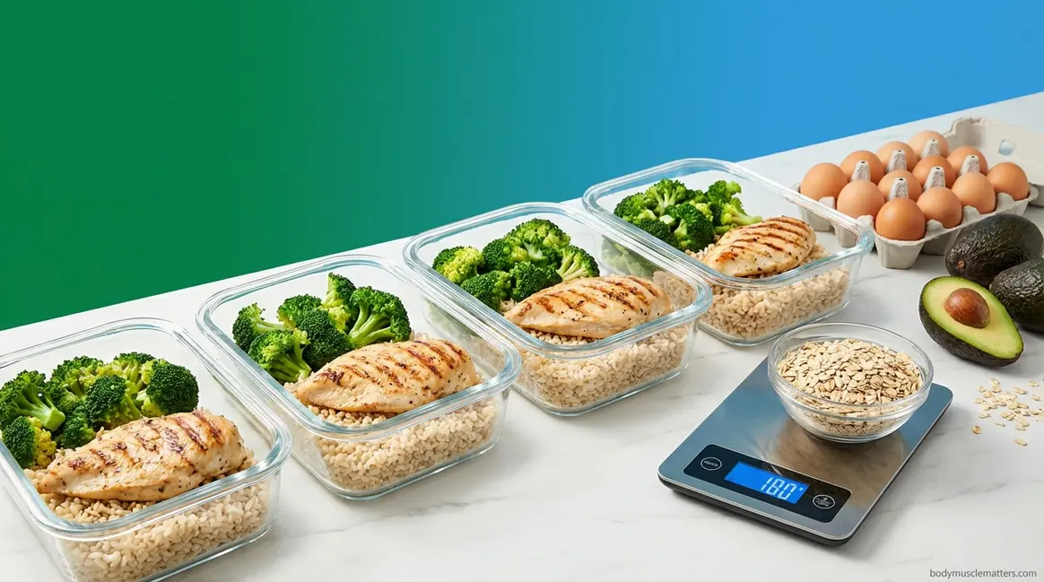 Healthy meal planning for muscle building with portioned containers and fresh whole foods