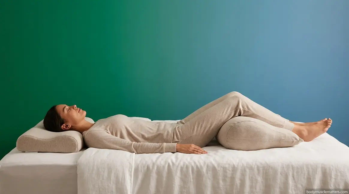 Person sleeping on back with pillow knee support to relieve intercostal muscle strain pain