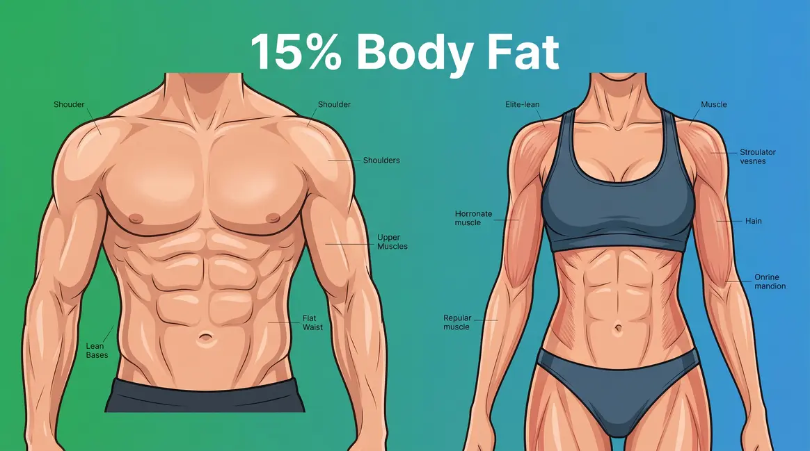 15 percent body fat visual guide showing lean athletic male and female physiques with muscle definition