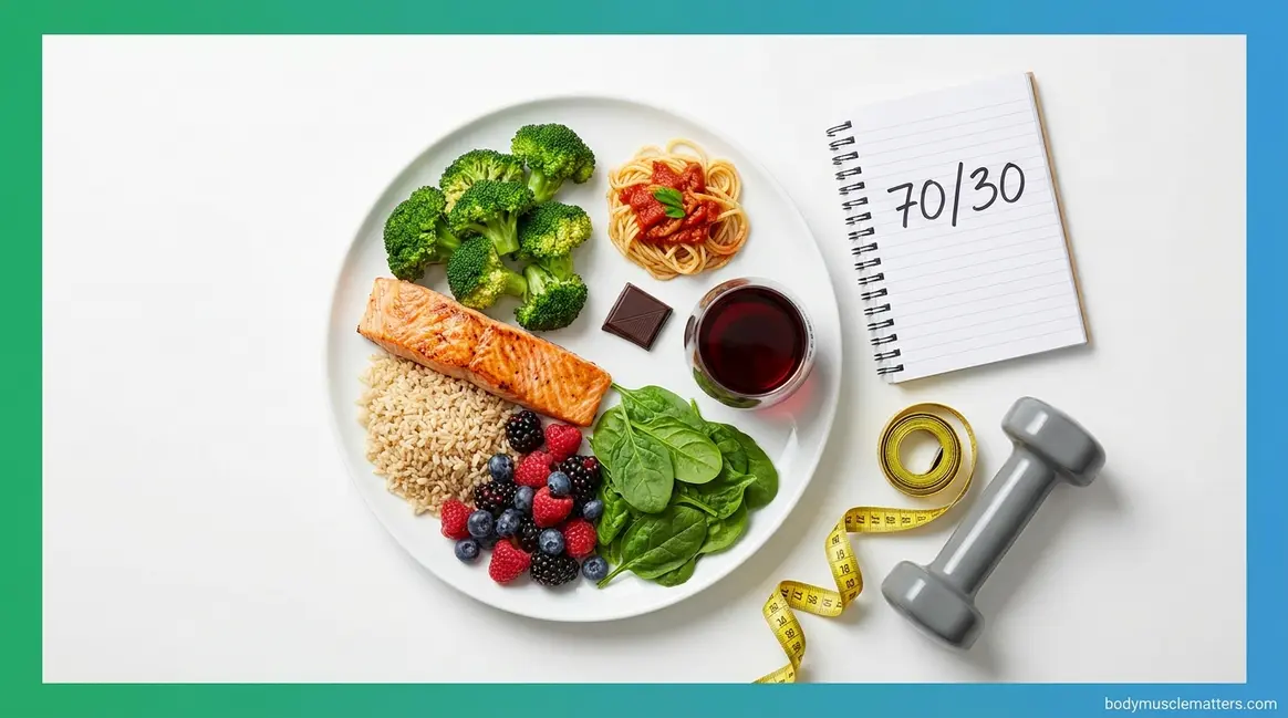 What is the 70/30 diet — balanced plate showing 70% whole foods and 30% fun foods