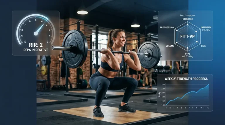 ACSM strength training guidelines 2026 showing athlete performing barbell lift with RIR gauge overlay