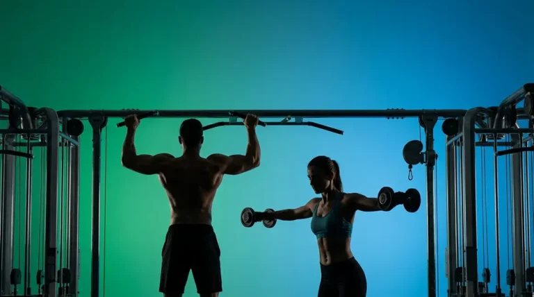 Back and shoulder workout routine showing man and woman training lats and deltoids in gym