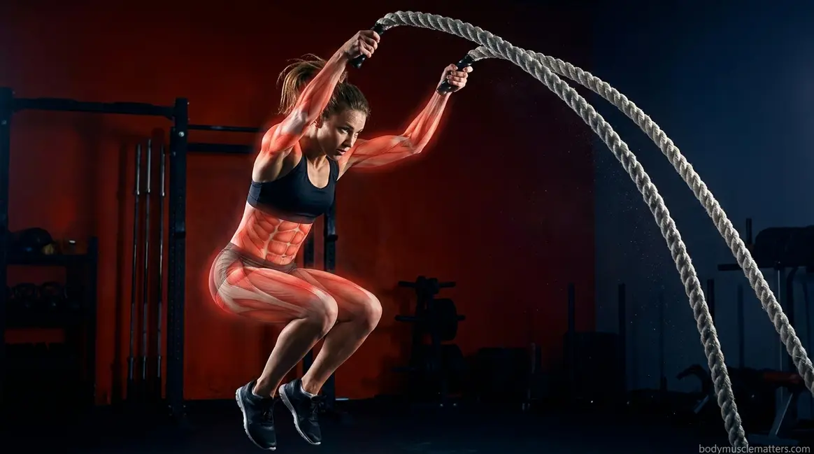Battle rope workout muscles worked diagram showing athlete performing double-arm slams with full-body muscle activation