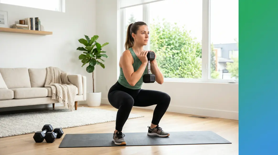 Beginner performing dumbbell goblet squat as part of a home workout plan