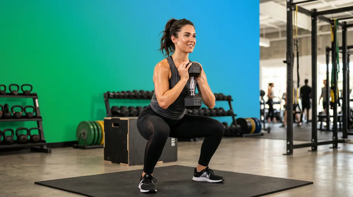 Beginner strength training routine — athlete performing goblet squat with dumbbell in gym